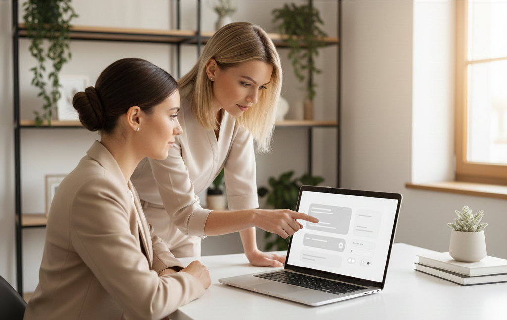 Professional female dentist in business attire working on laptop reviewing dental practice marketing analytics dashboard in modern office setting