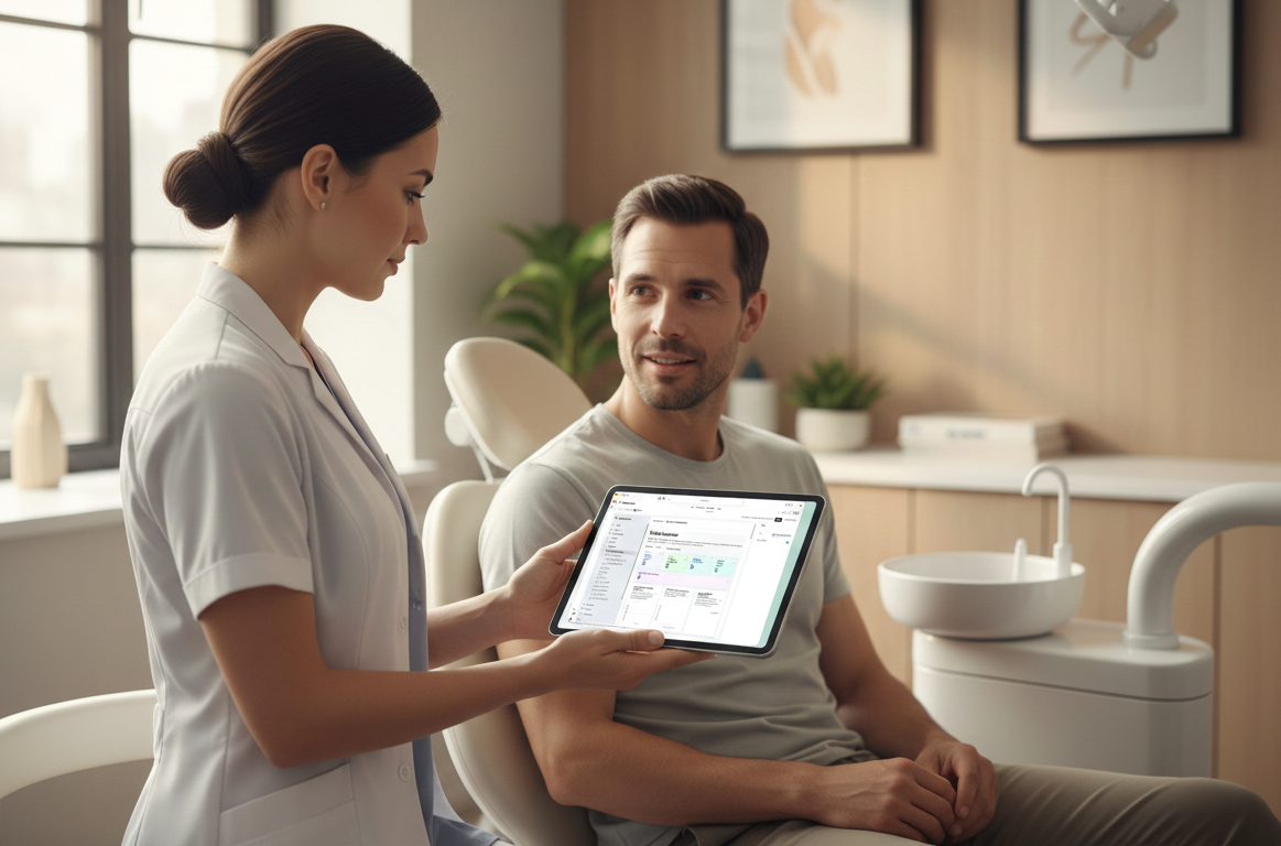 Professional female dentist in business attire working on laptop reviewing dental practice marketing analytics dashboard in modern office setting