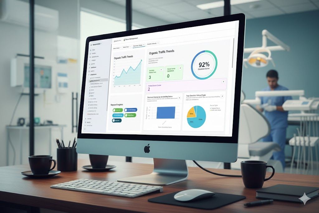 Professional female dentist in business attire working on laptop reviewing dental practice marketing analytics dashboard in modern office setting