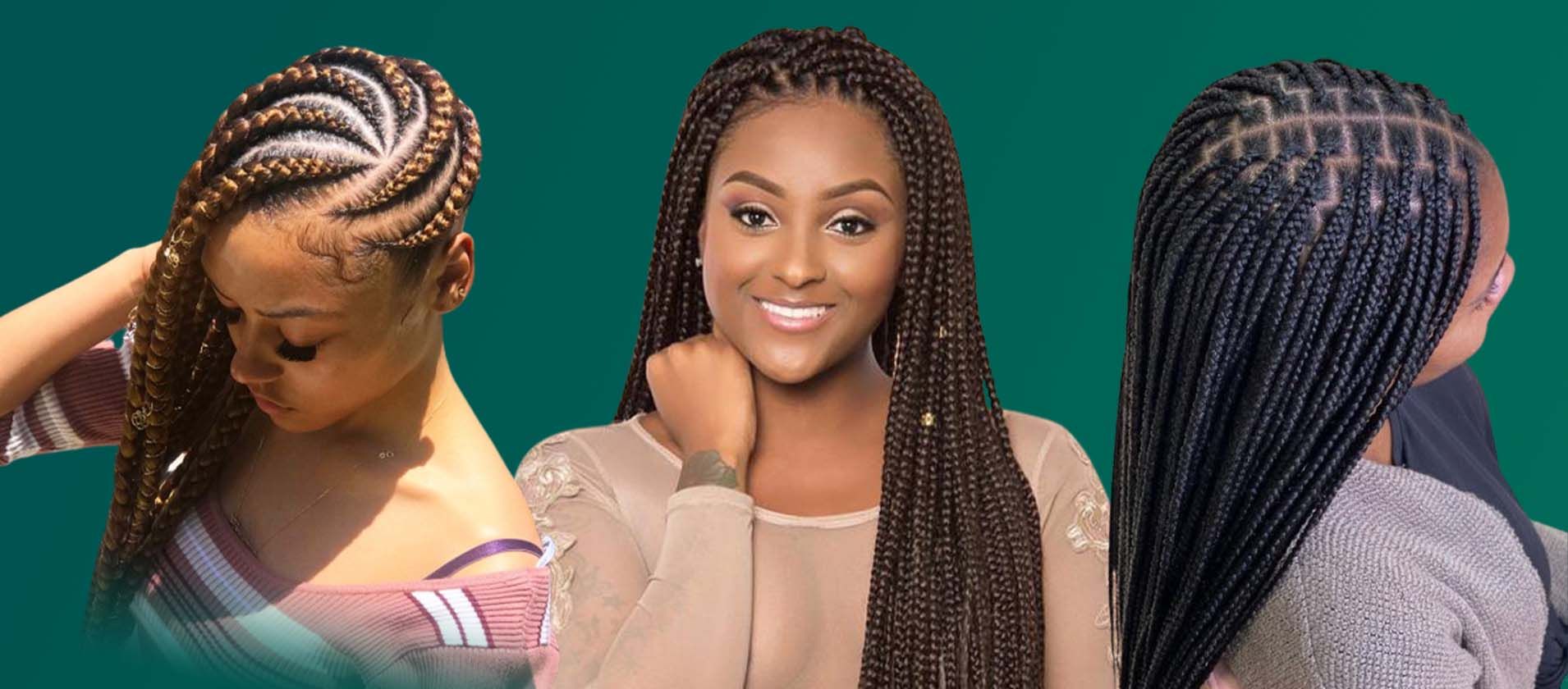 Three women with braids in their hair are standing next to each other on a green background.