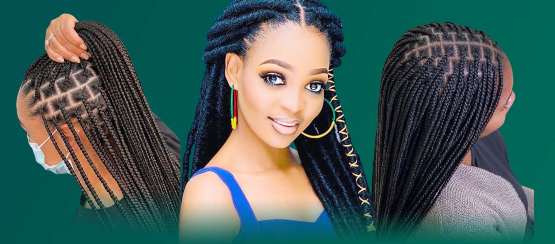 A woman is standing next to two other women with braids in their hair.