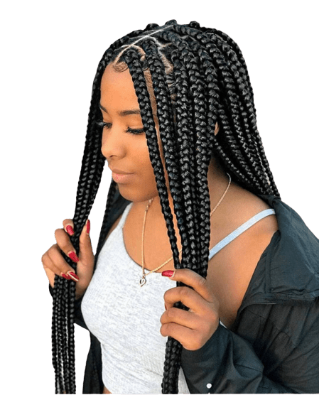 A woman with braids is wearing a white tank top and a black jacket