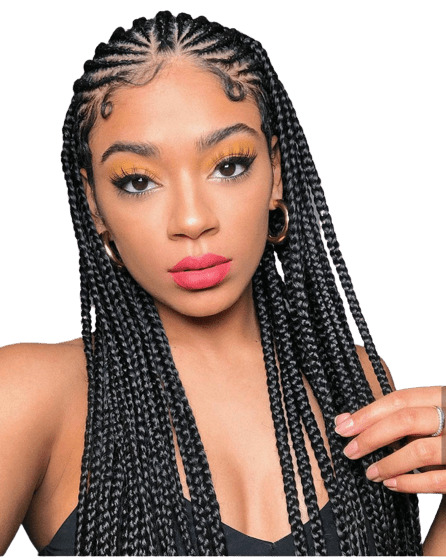 A woman with braids is wearing a black tank top