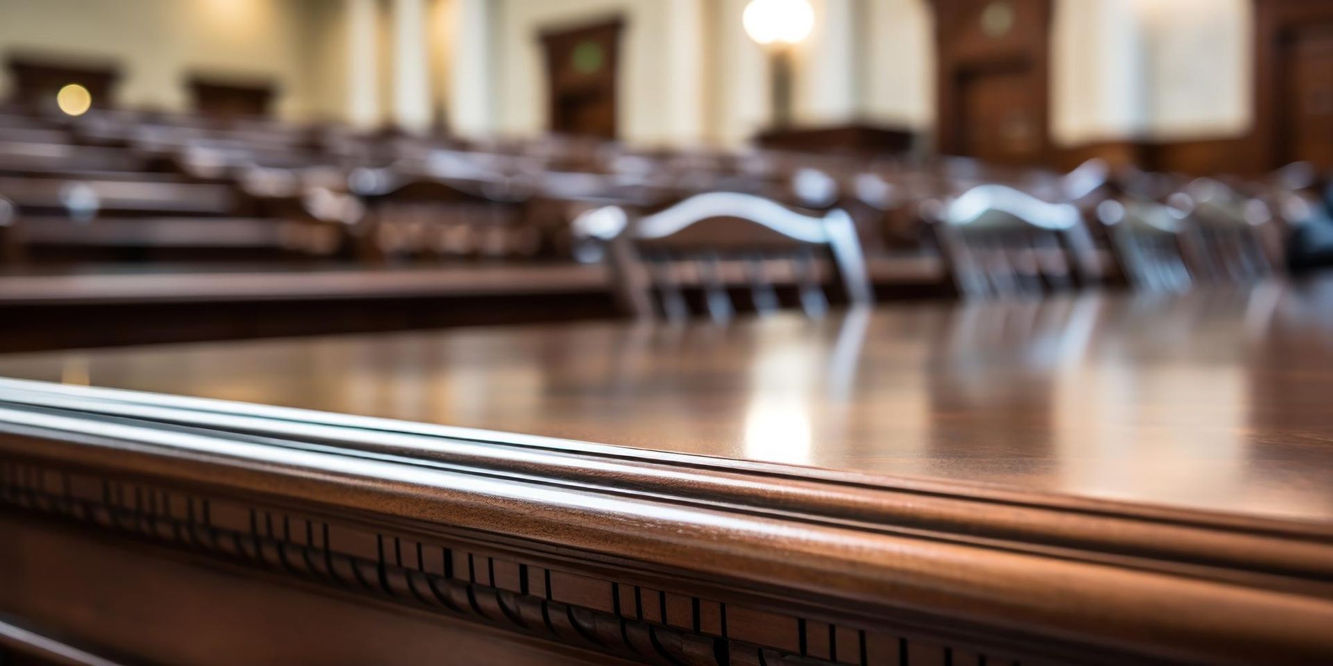 A wooden table in a courtroom with chairs in the background, Trades Union Congress unfairly dismiss