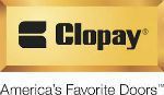A close up of a clopay logo on a white background.