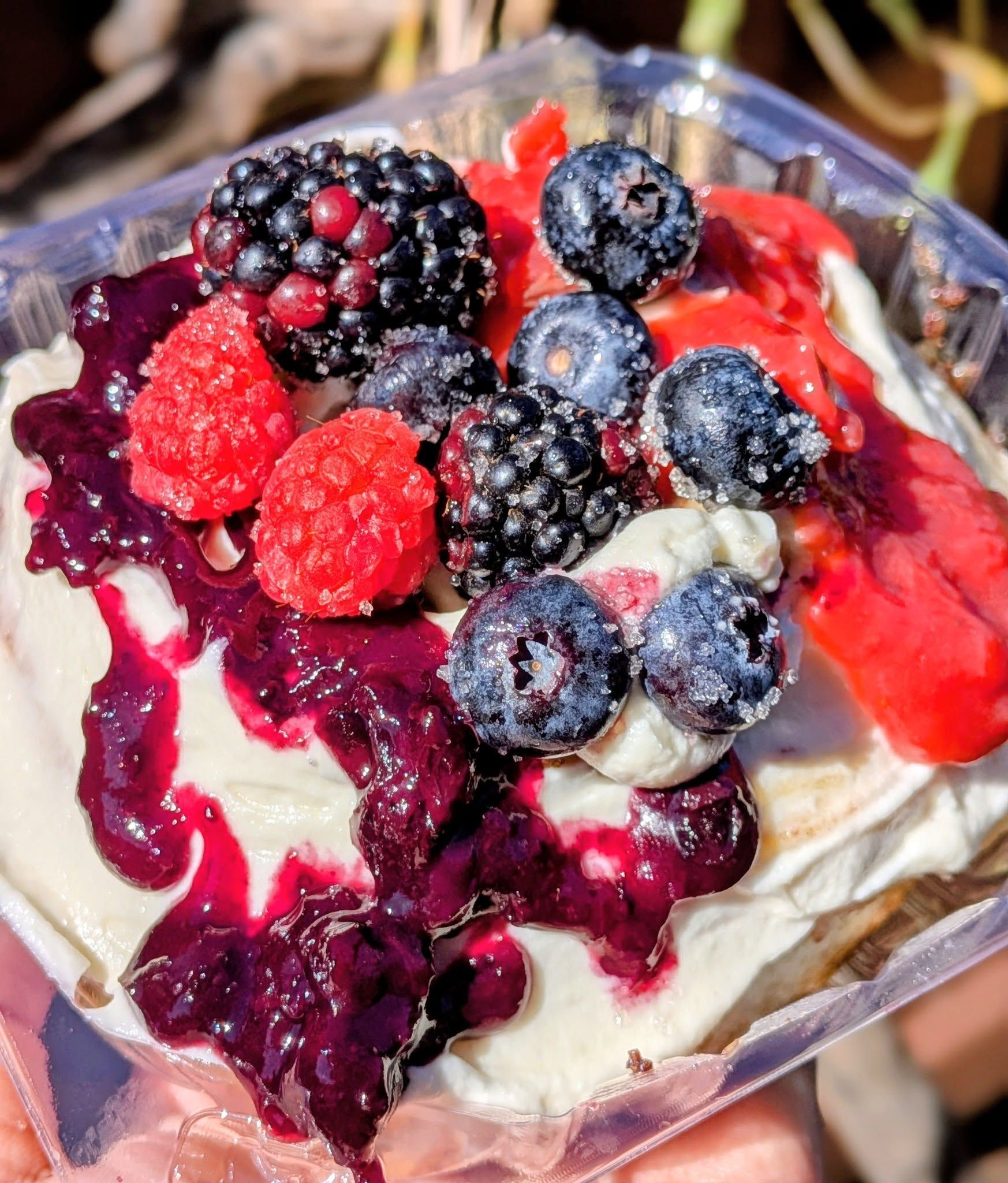Dessert in a plastic container, topped with berries and sauce on white cream.