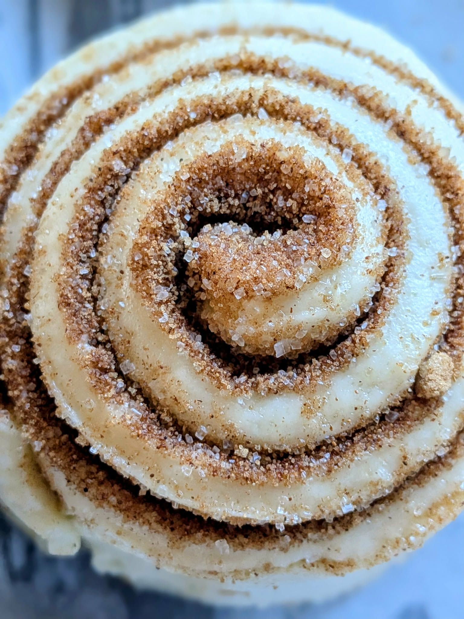 Close-up of a cinnamon roll with swirls of cinnamon-sugar filling, light brown and tan colors.
