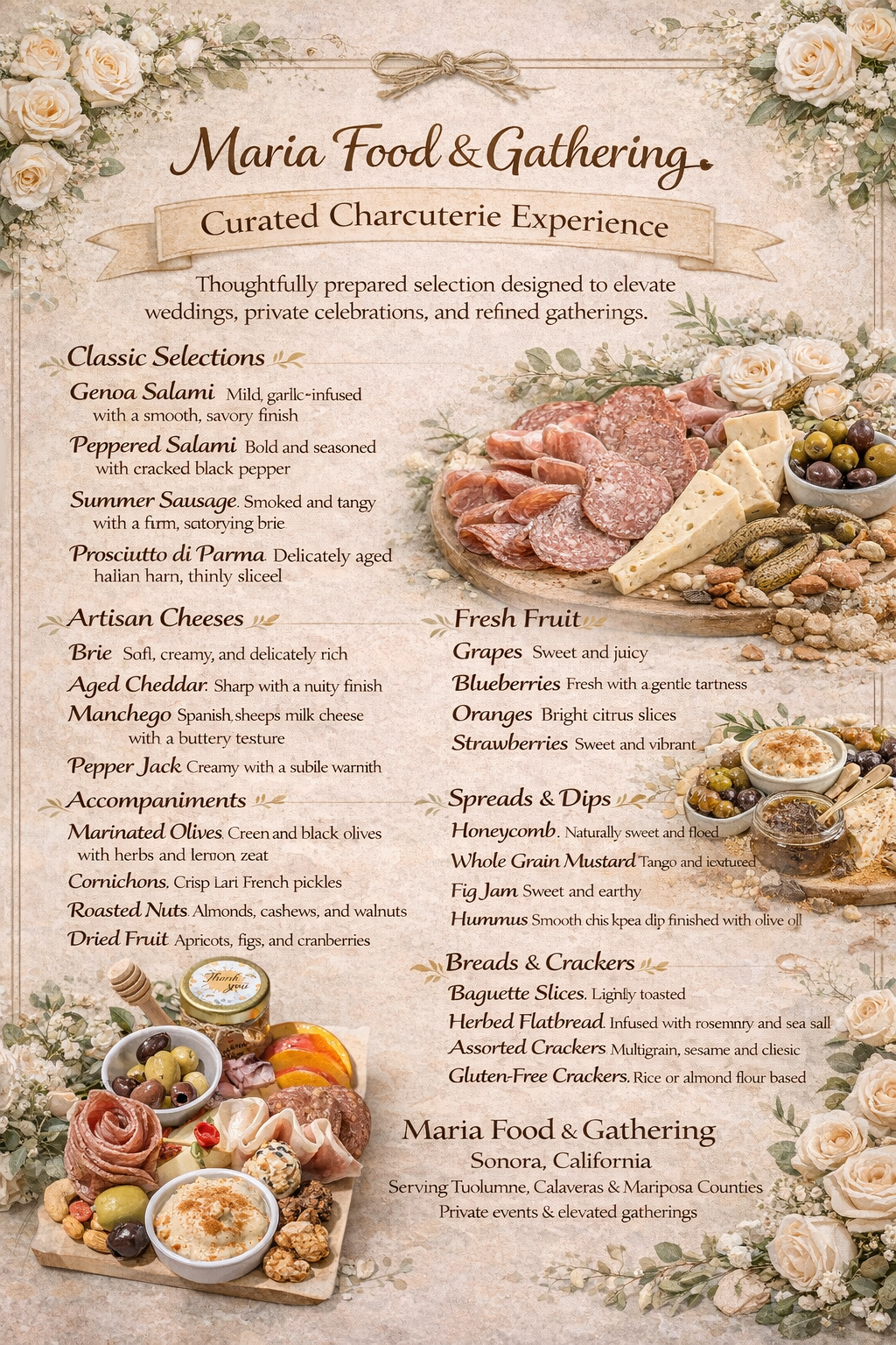 Menu for Maria Food & Gathering: Charcuterie experience with cured meats, cheeses, fruits, and dips.