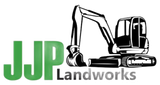 Logo for JJP Landworks featuring the green letters "JJP" next to an illustration of an excavator in black and white.
