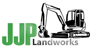 Logo for JJP Landworks featuring the green letters "JJP" next to an illustration of an excavator in black and white.