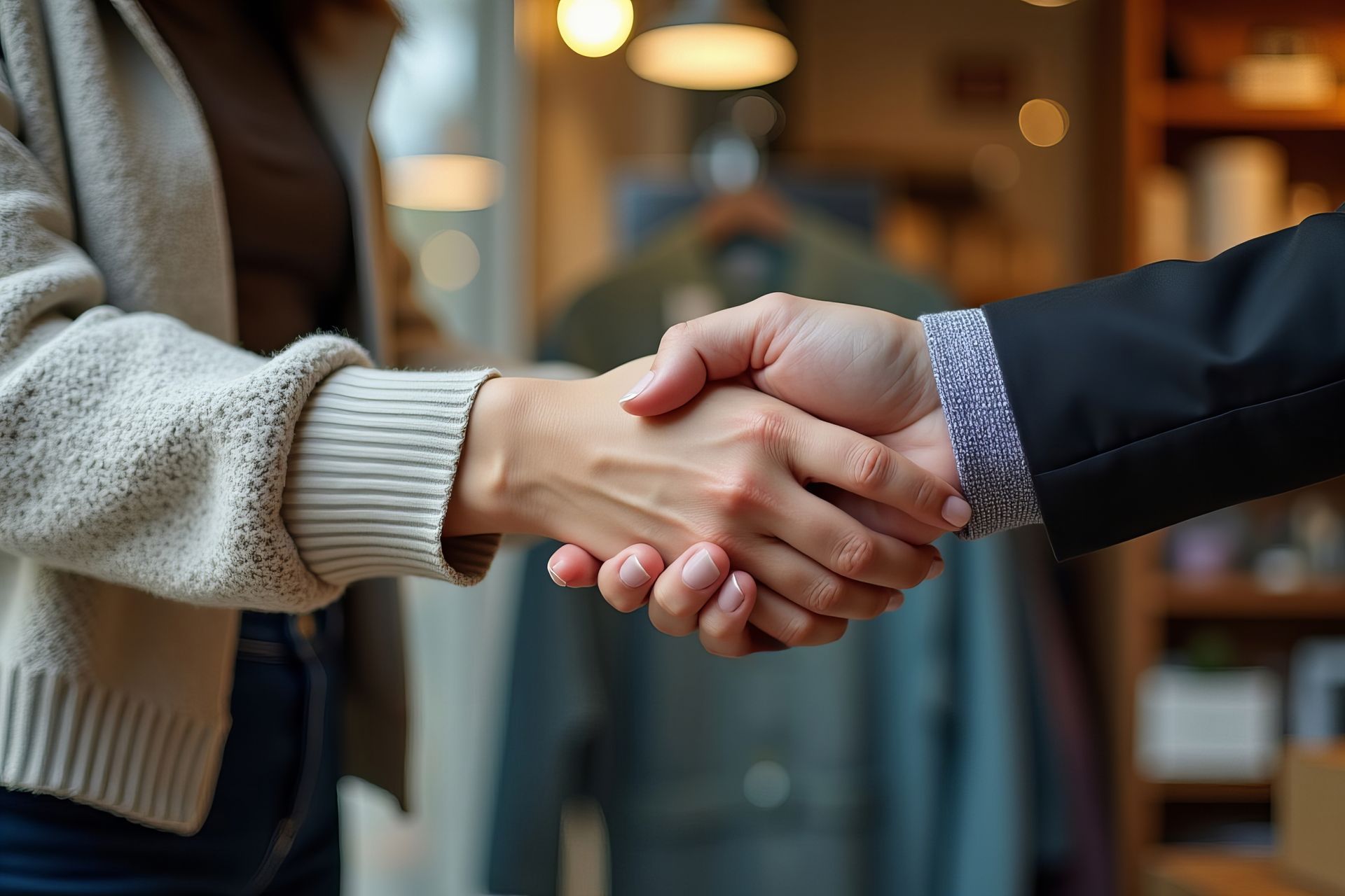 Two people shaking hands in a blurred retail setting.