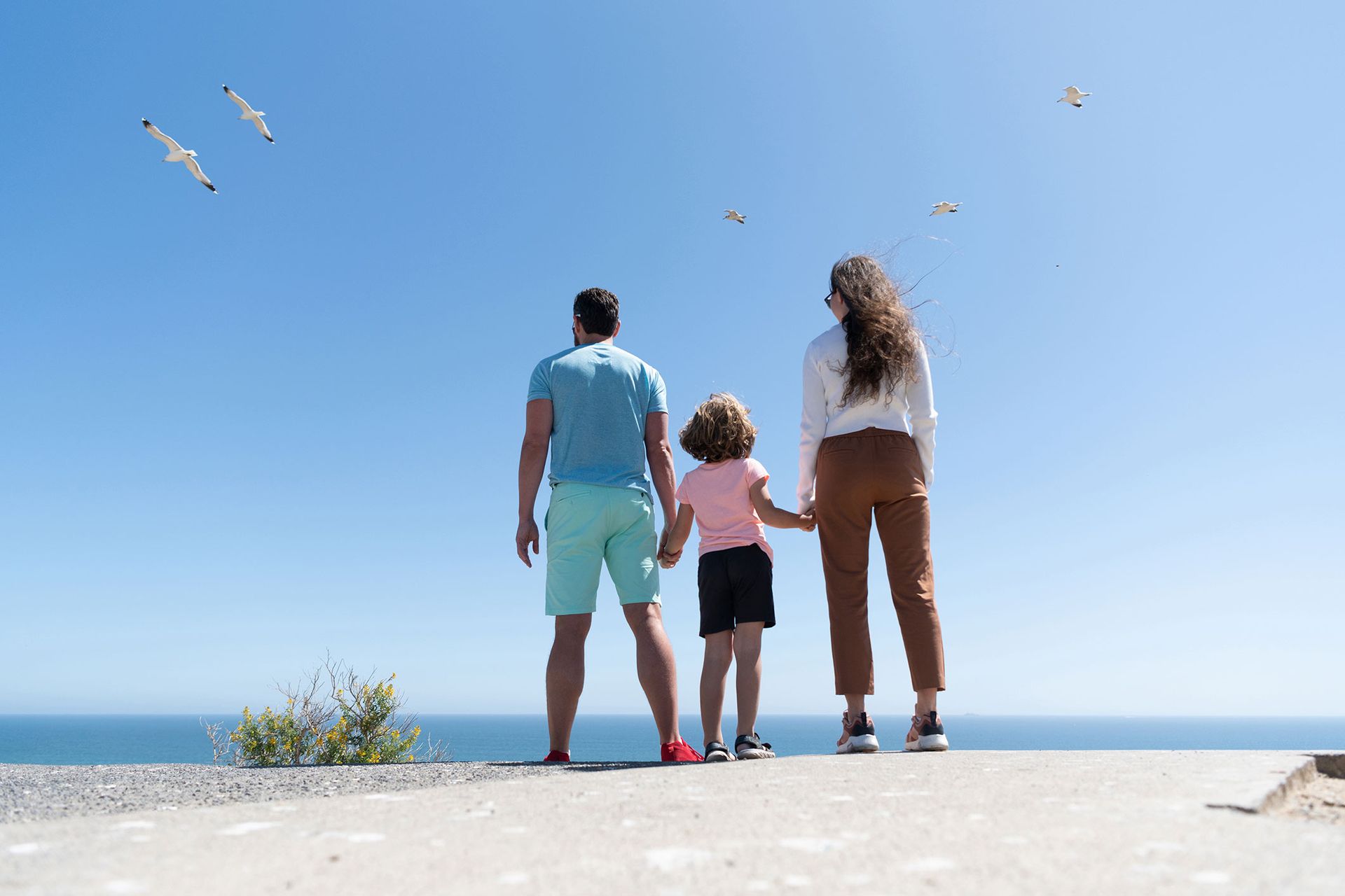 Family stands at a cliff's edge, gazing at the ocean and seagulls in a clear blue sky.