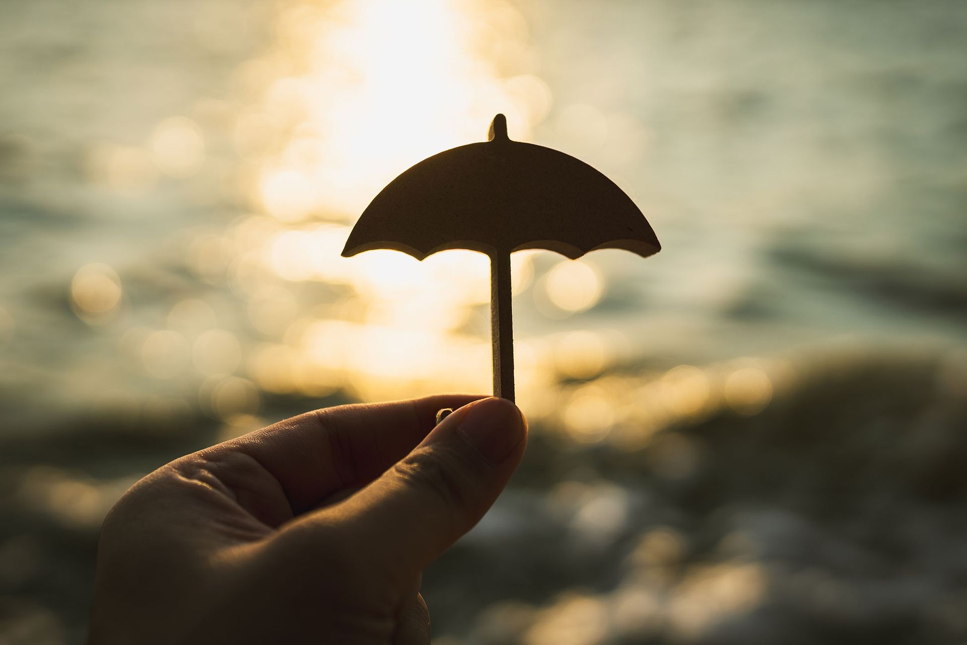 Hand holding a silhouette of an umbrella against a sunlit ocean.