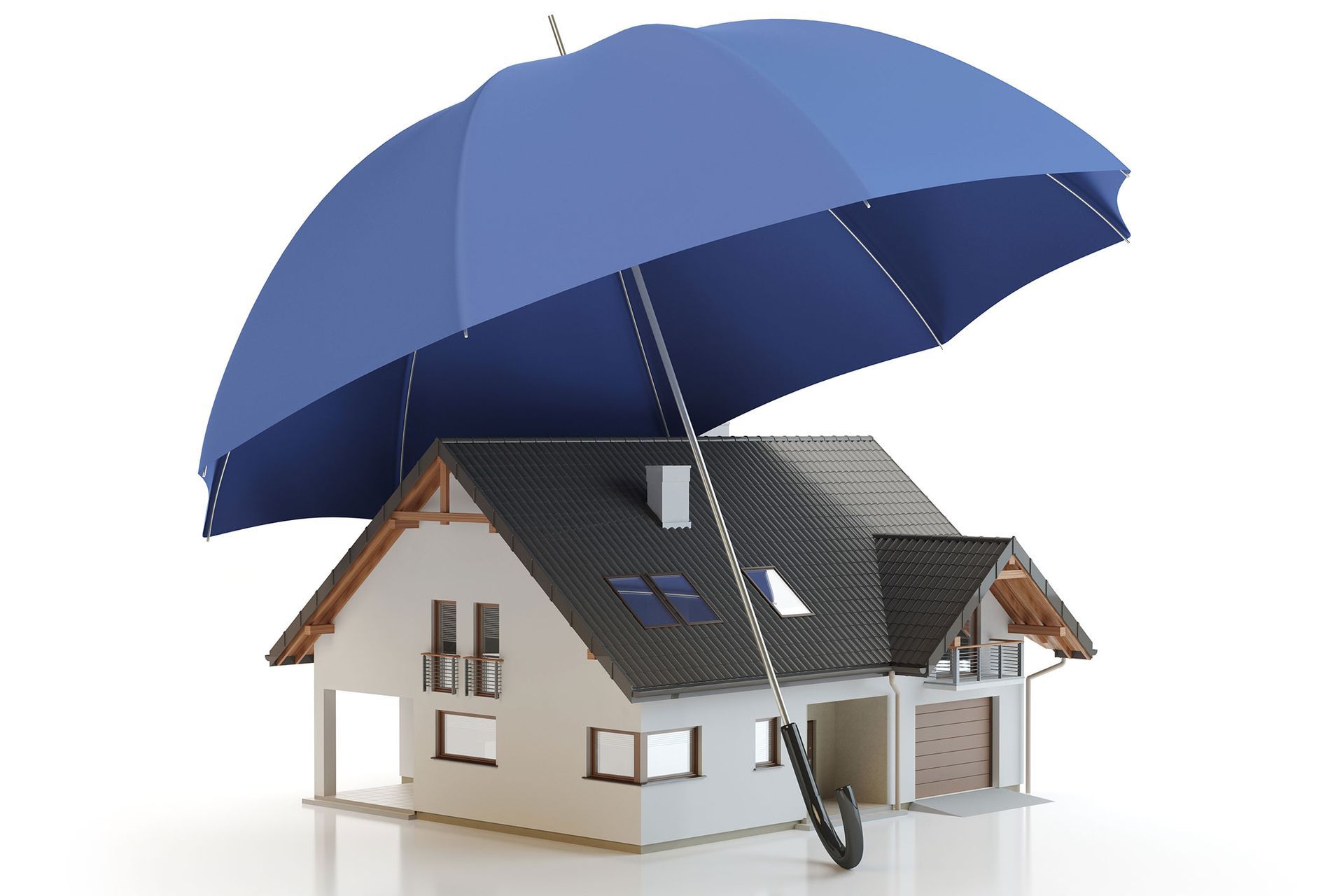 Blue umbrella sheltering a model house, representing home insurance.