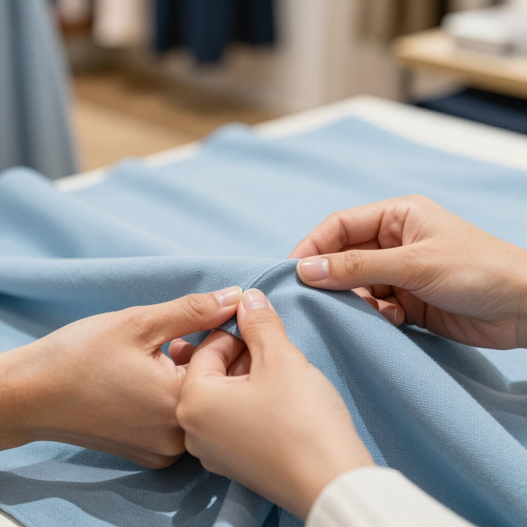 Dos manos examinan un trozo de tela azul claro, tocando su textura sobre una mesa en un establecimiento comercial.