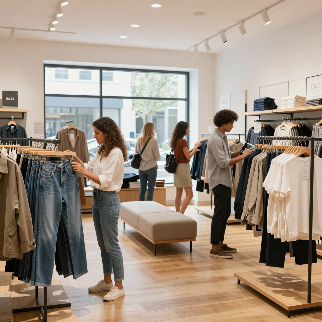 Los clientes ojean la ropa en percheros y estantes en una tienda de ropa luminosa y moderna.