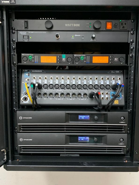 A rack with a lot of electronic equipment in it