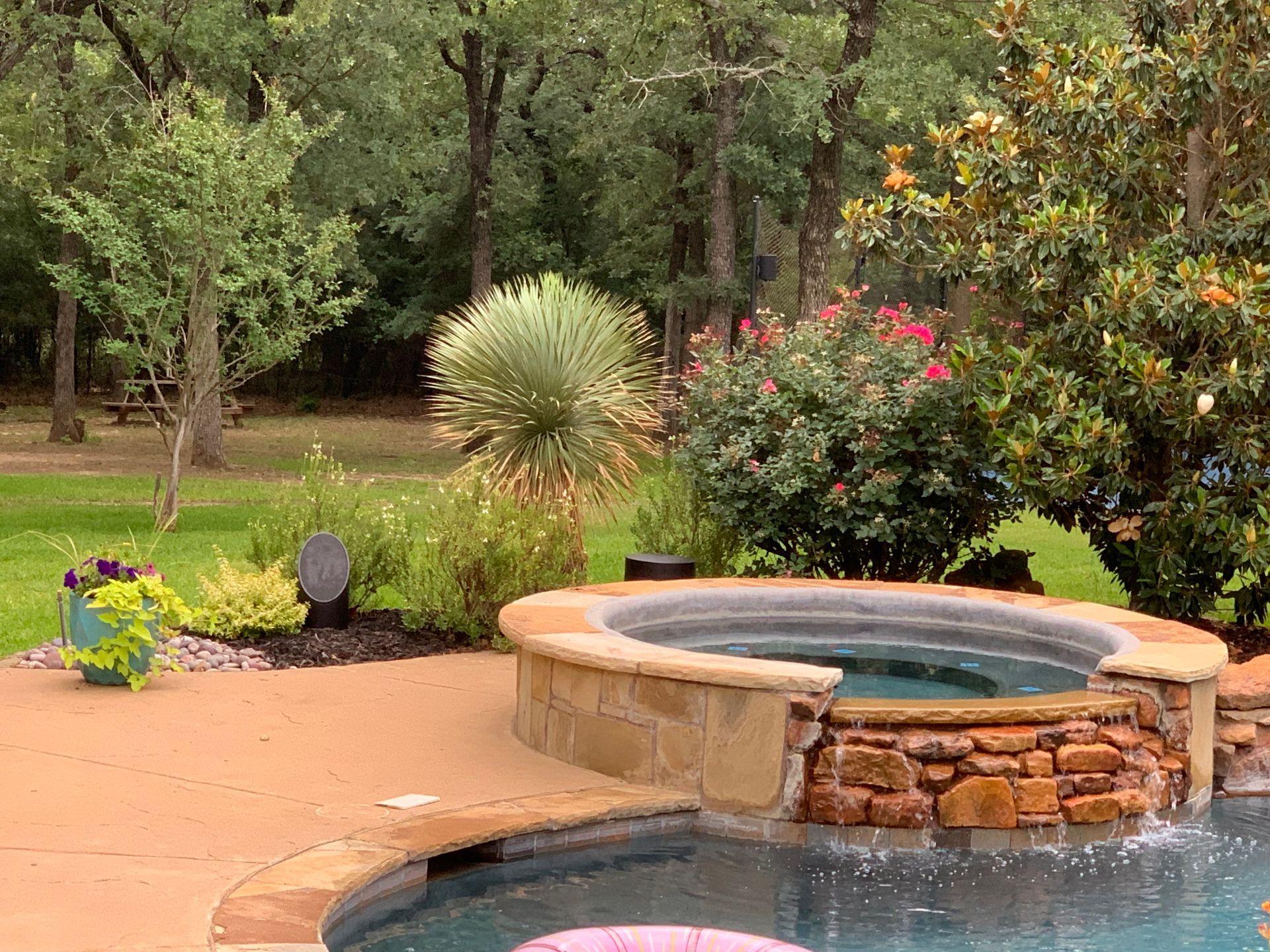A swimming pool with a hot tub in the middle of it surrounded by trees.