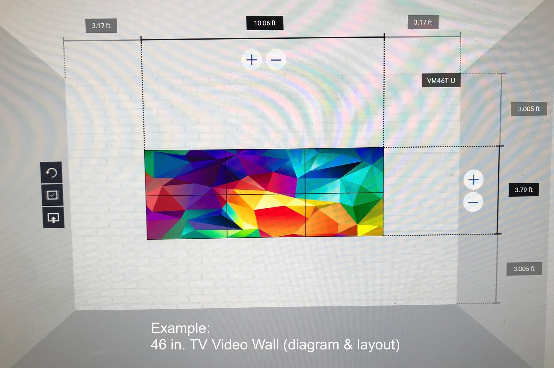 A computer screen shows a colorful geometric pattern on a wall