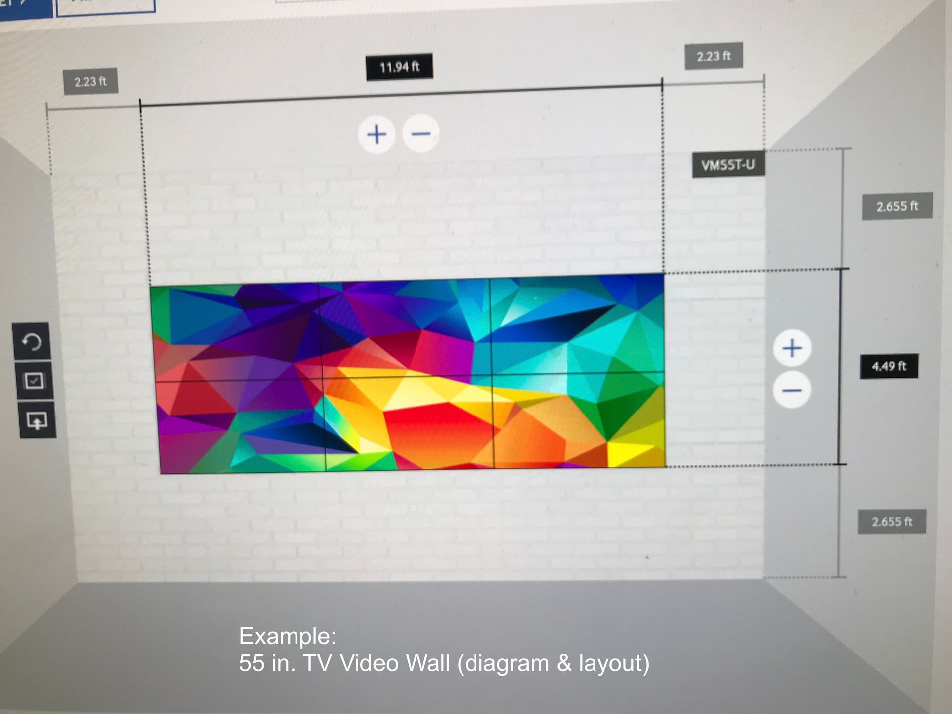A computer screen shows a diagram of a 55 in tv video wall layout