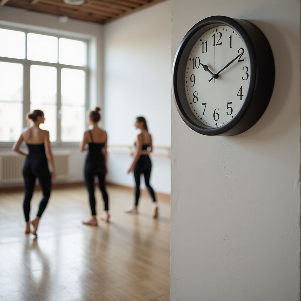 Wall clock, three dancers in black outfits in a dance studio.