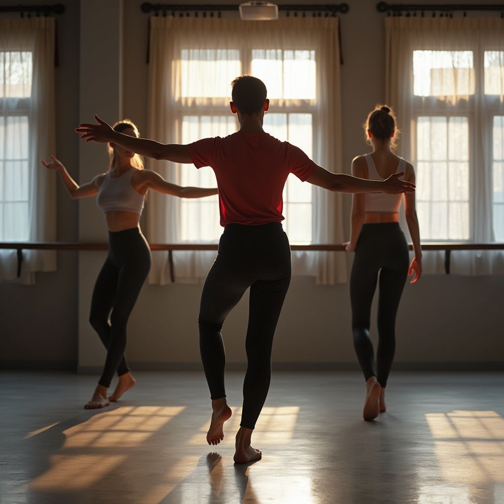 Three people in a dance studio practicing ballet with sunlight streaming through the windows.