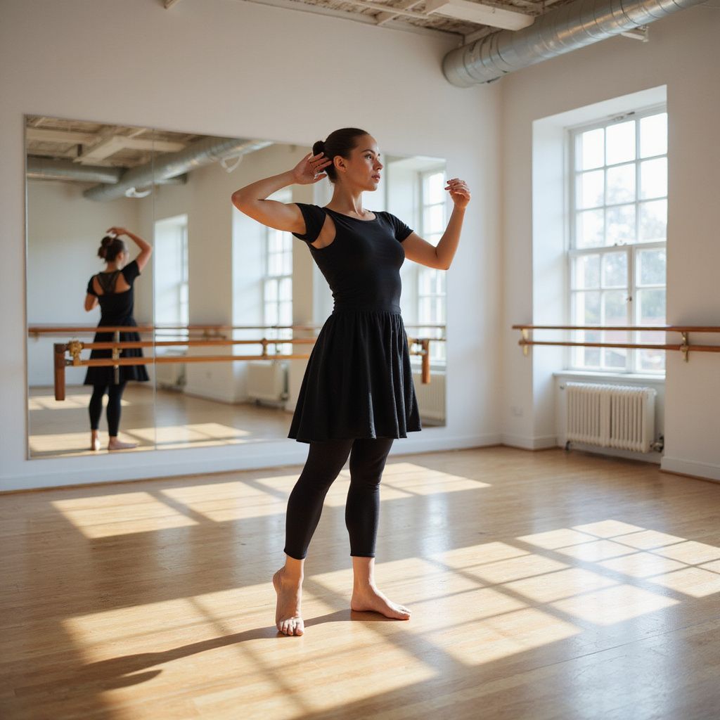Woman in black dance attire in a studio, posing with arms raised; wooden floor and ballet barre.