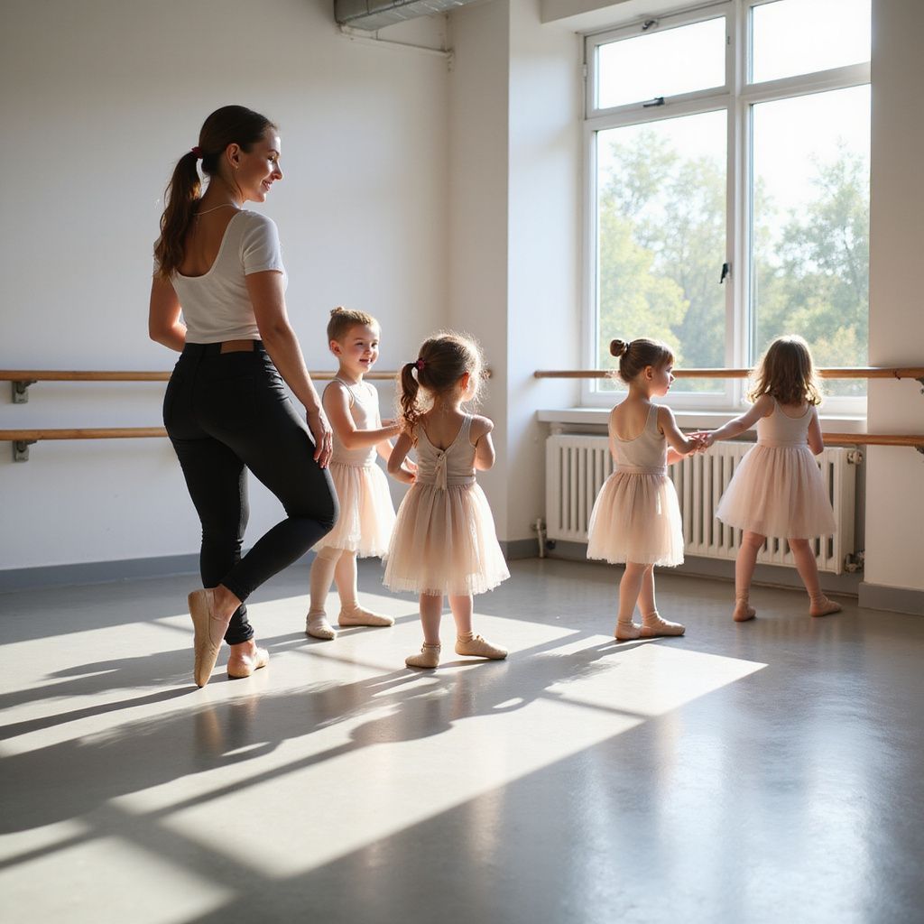 Ballet instructor with four young students in a dance studio, near a sunny window.