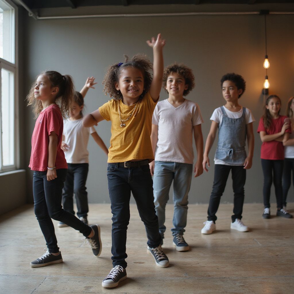 Children in a dance class, smiling, with arms raised, in a room with a window and a neutral-toned wall.