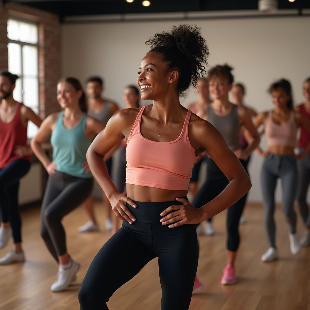 Woman in fitness class, hands on hips, smiling, surrounded by other people.