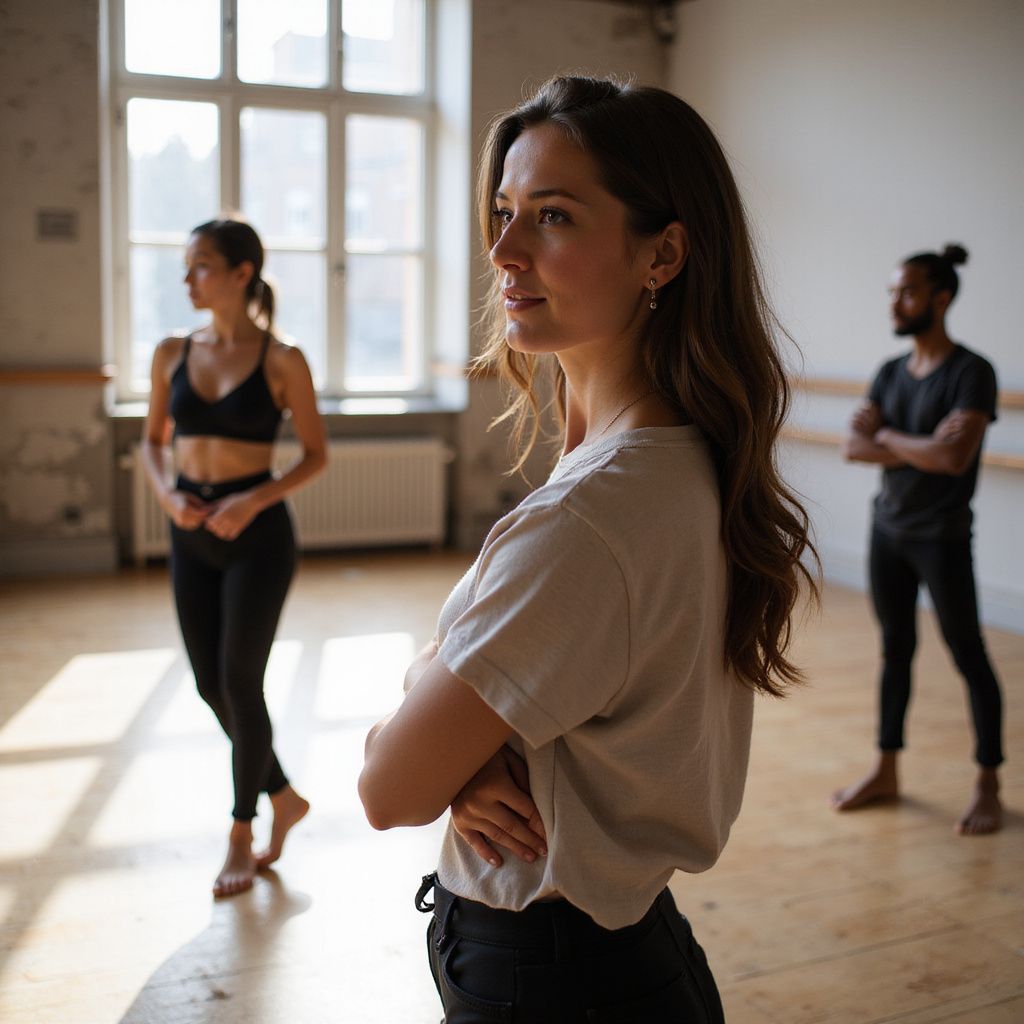 Woman in dance studio looks on; two others pose in background.