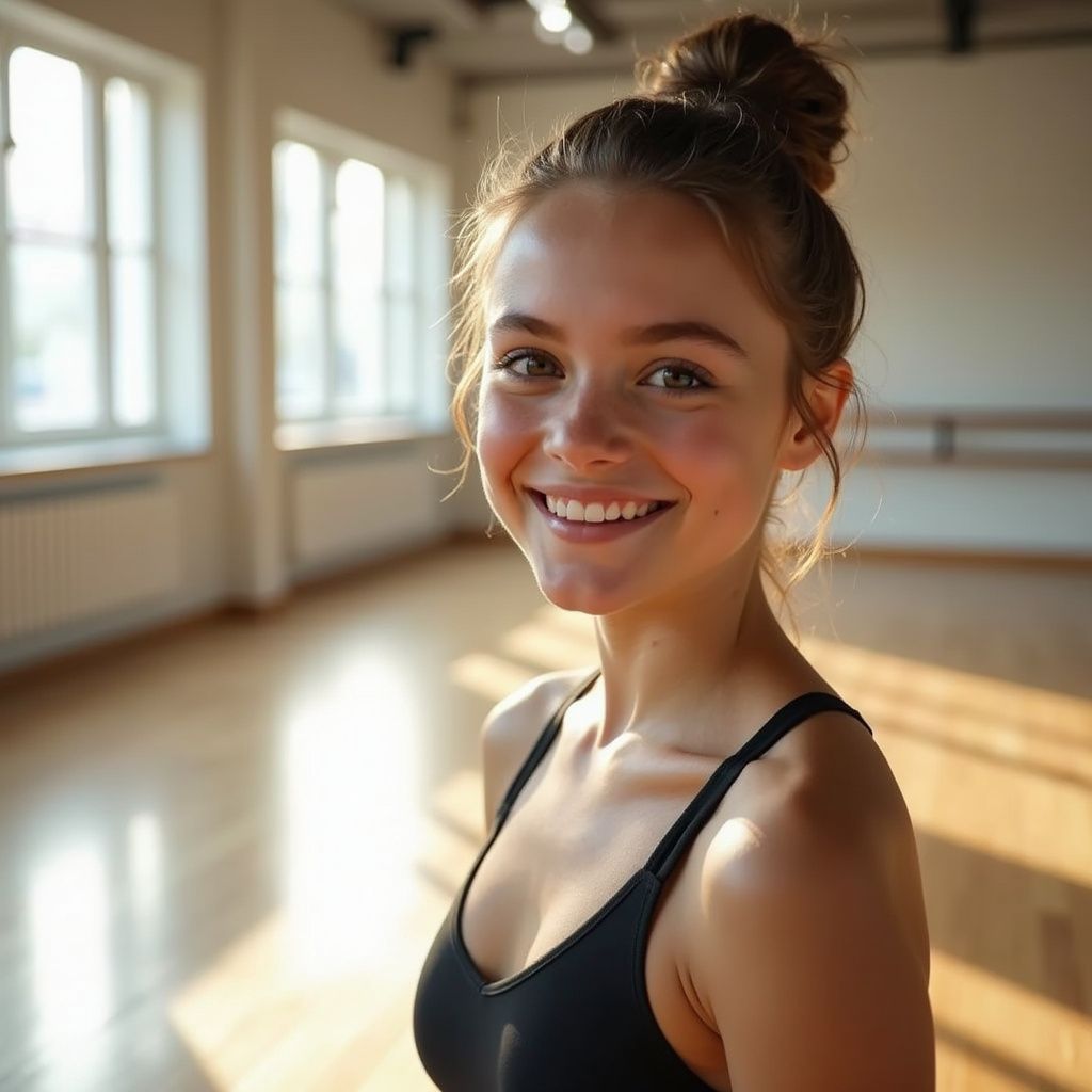 Four people in a dance studio practicing ballet, wearing black outfits.