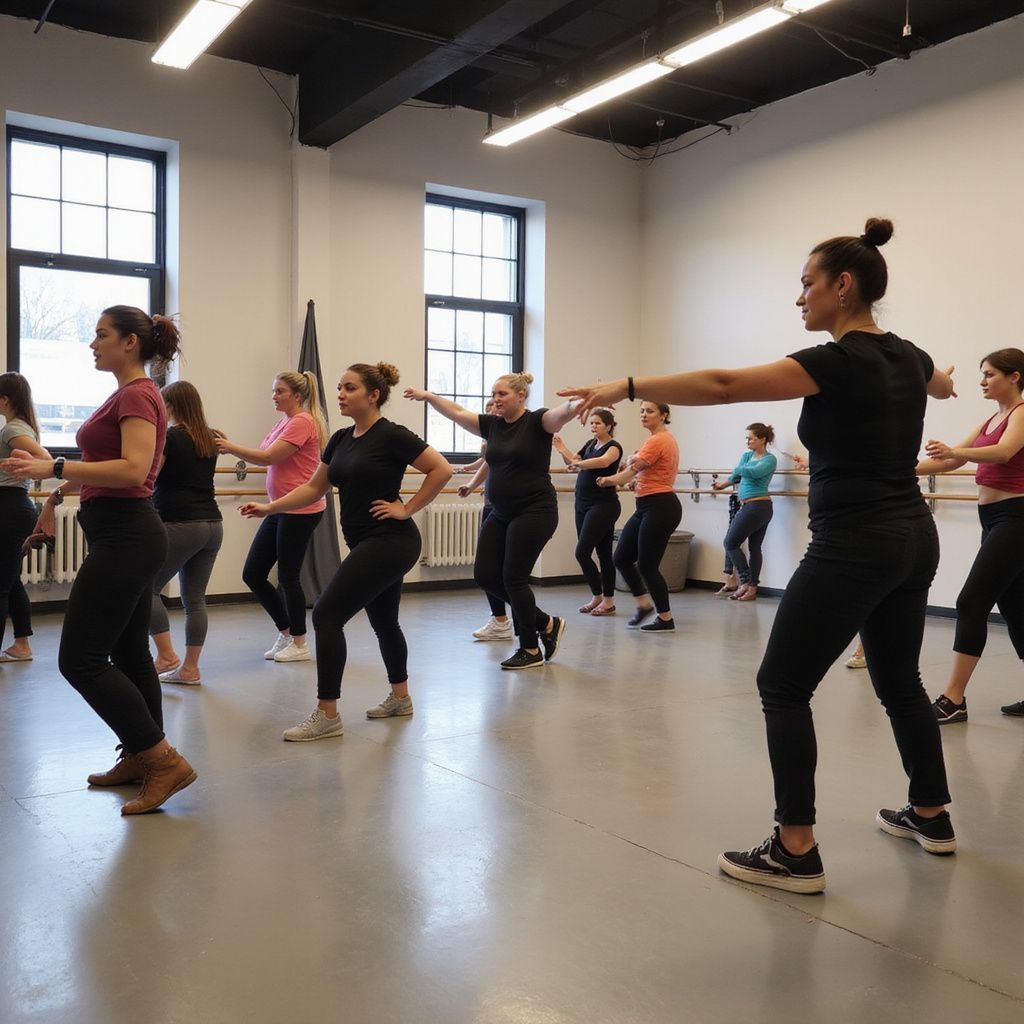 Group of people in a dance studio practicing; instructor in front with arms extended.