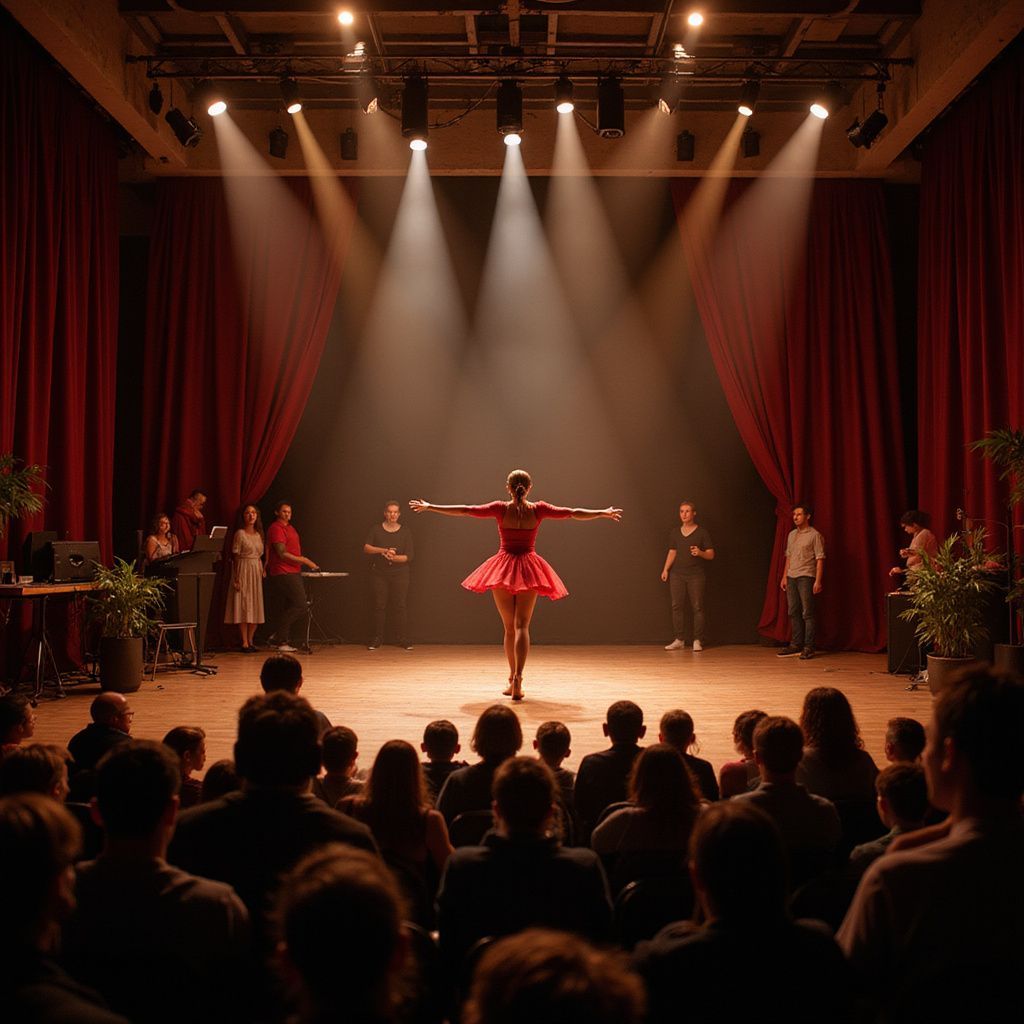 Five dancers performing on a stage. One dancer in the center, arms crossed, surrounded by others in dance poses.