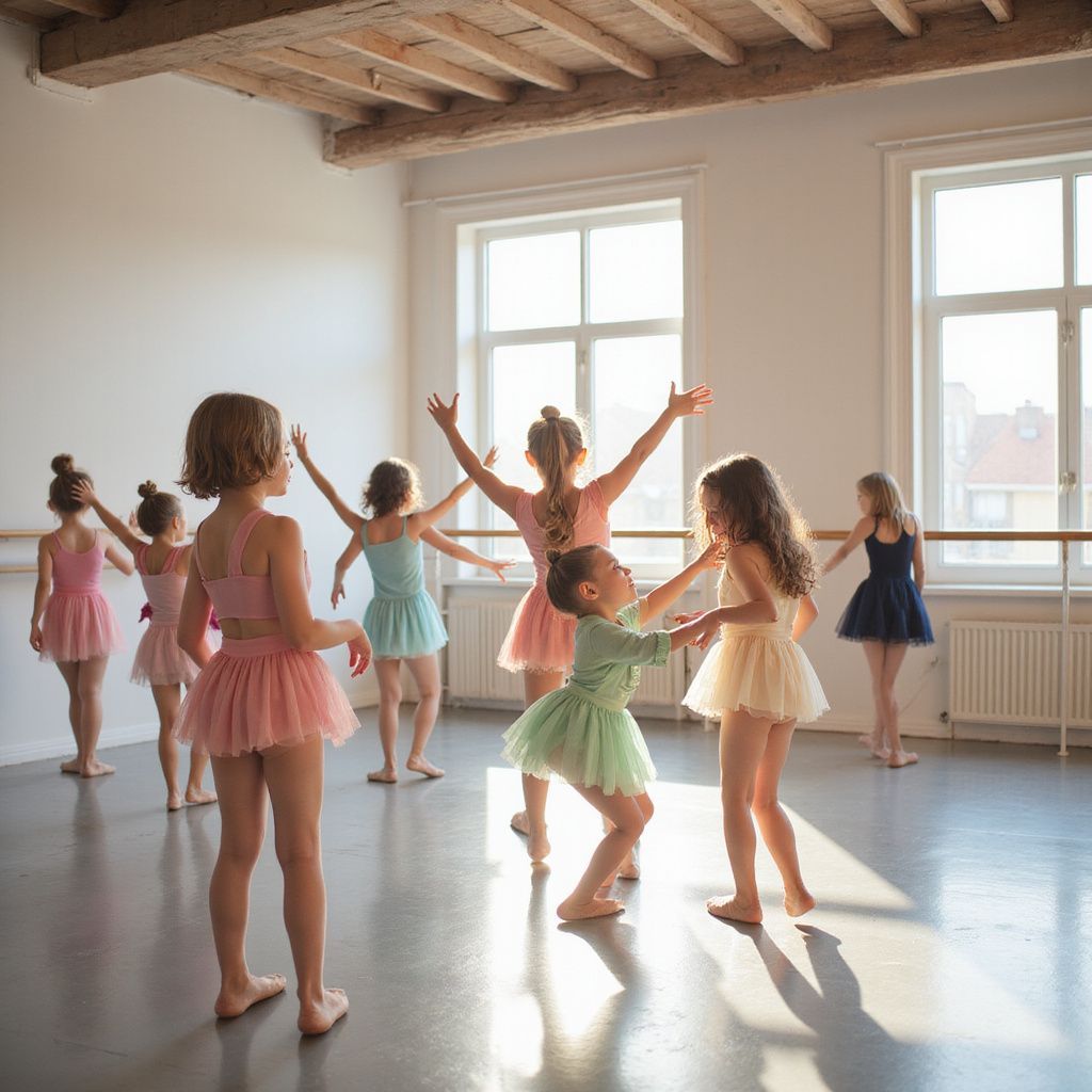 Children in ballet class, wearing tutus and leotards, practice dance moves in a studio with large windows and a barre.