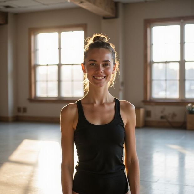 Woman with bun smiling, wearing a black tank top, in a sunlit room.
