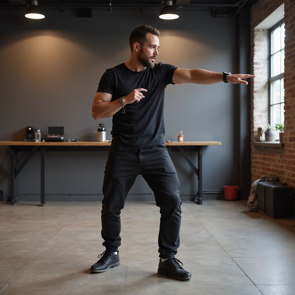 People dancing in a sunlit wooden-floored dance studio; a couple in the foreground, two others behind.