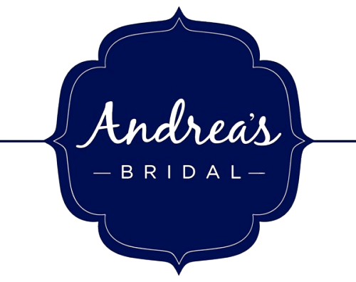 The logo for andrea 's bridal is blue and white.