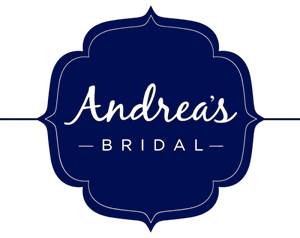 The logo for andrea 's bridal is blue and white.