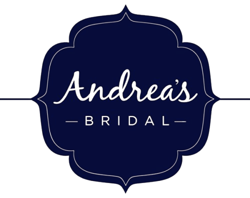 The logo for andrea 's bridal is blue and white.