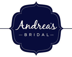 The logo for andrea 's bridal is blue and white.