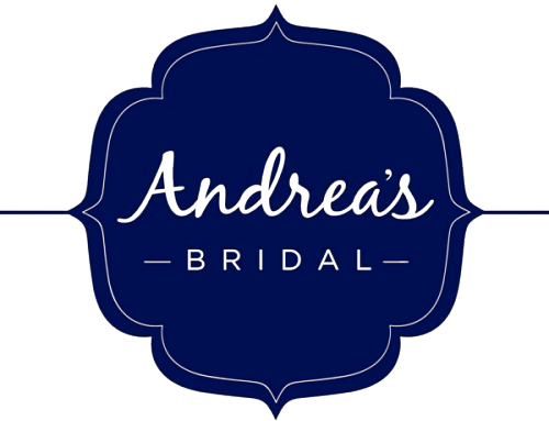 The logo for andrea 's bridal is blue and white.