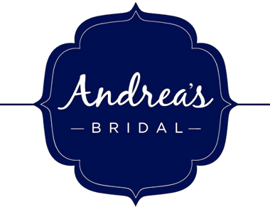 The logo for andrea 's bridal is blue and white.