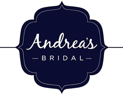 The logo for andrea 's bridal is blue and white.