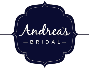 The logo for andrea 's bridal is blue and white.