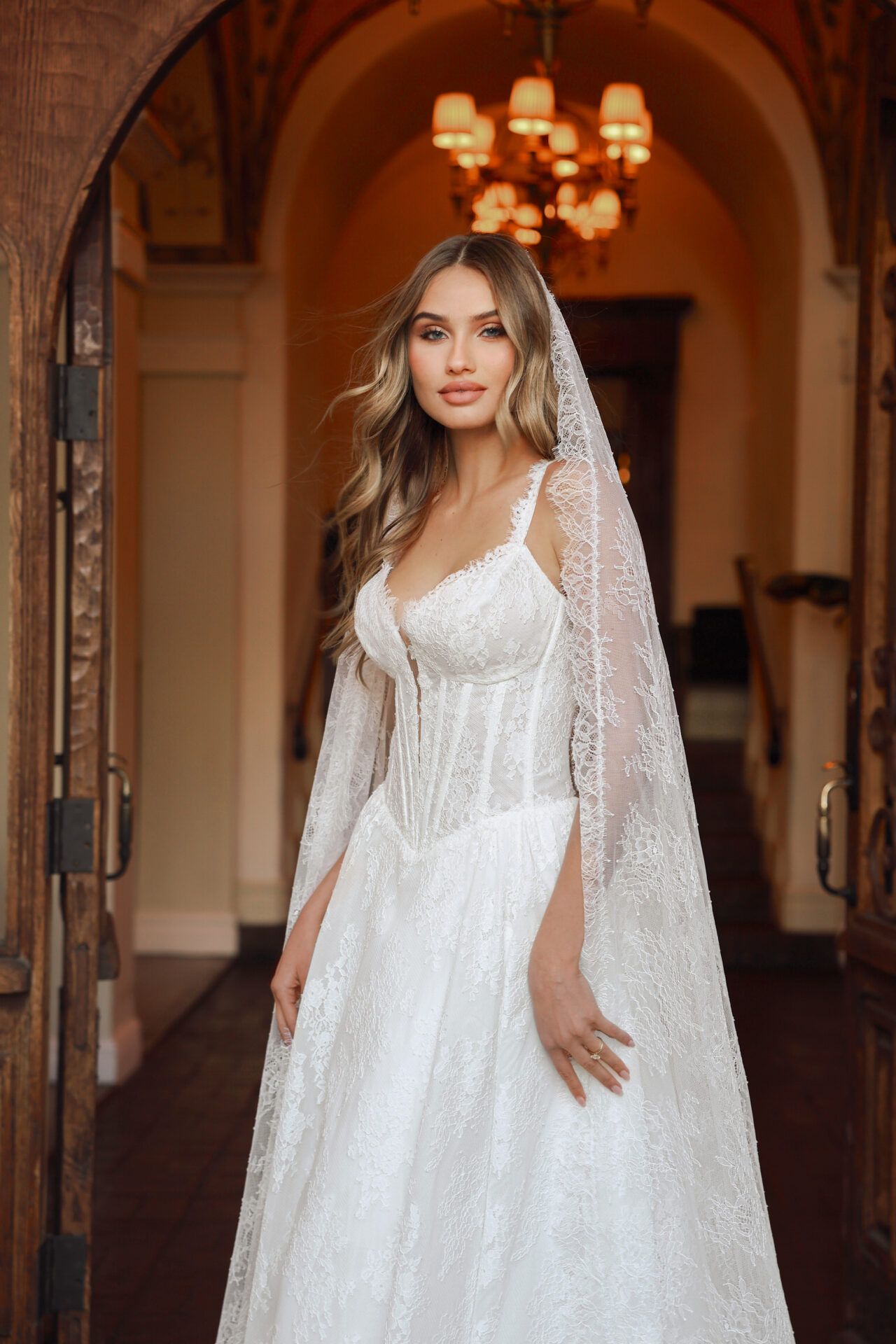A woman in a wedding dress and veil is standing in front of a door.