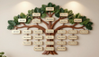 Family tree diagram on a wall, with beige labels branching from a central trunk and roots.