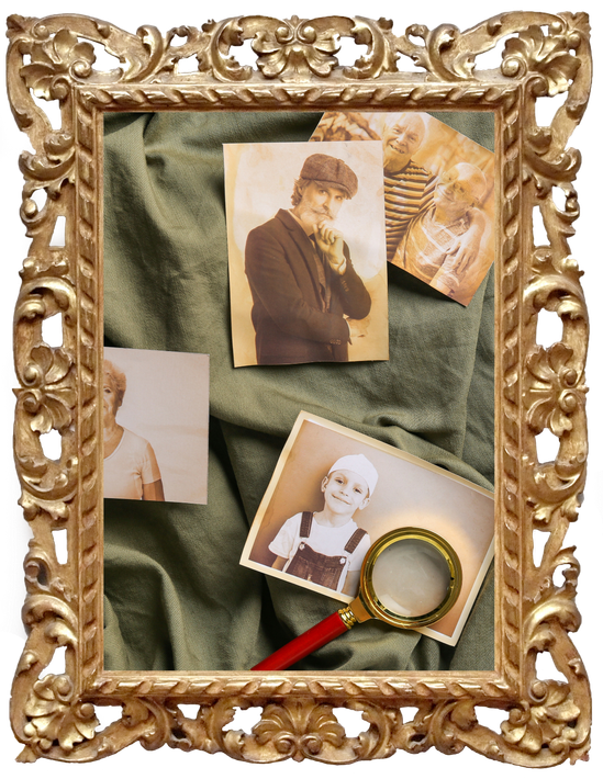 Ornate gold frame with vintage photos, green fabric background, and a magnifying glass