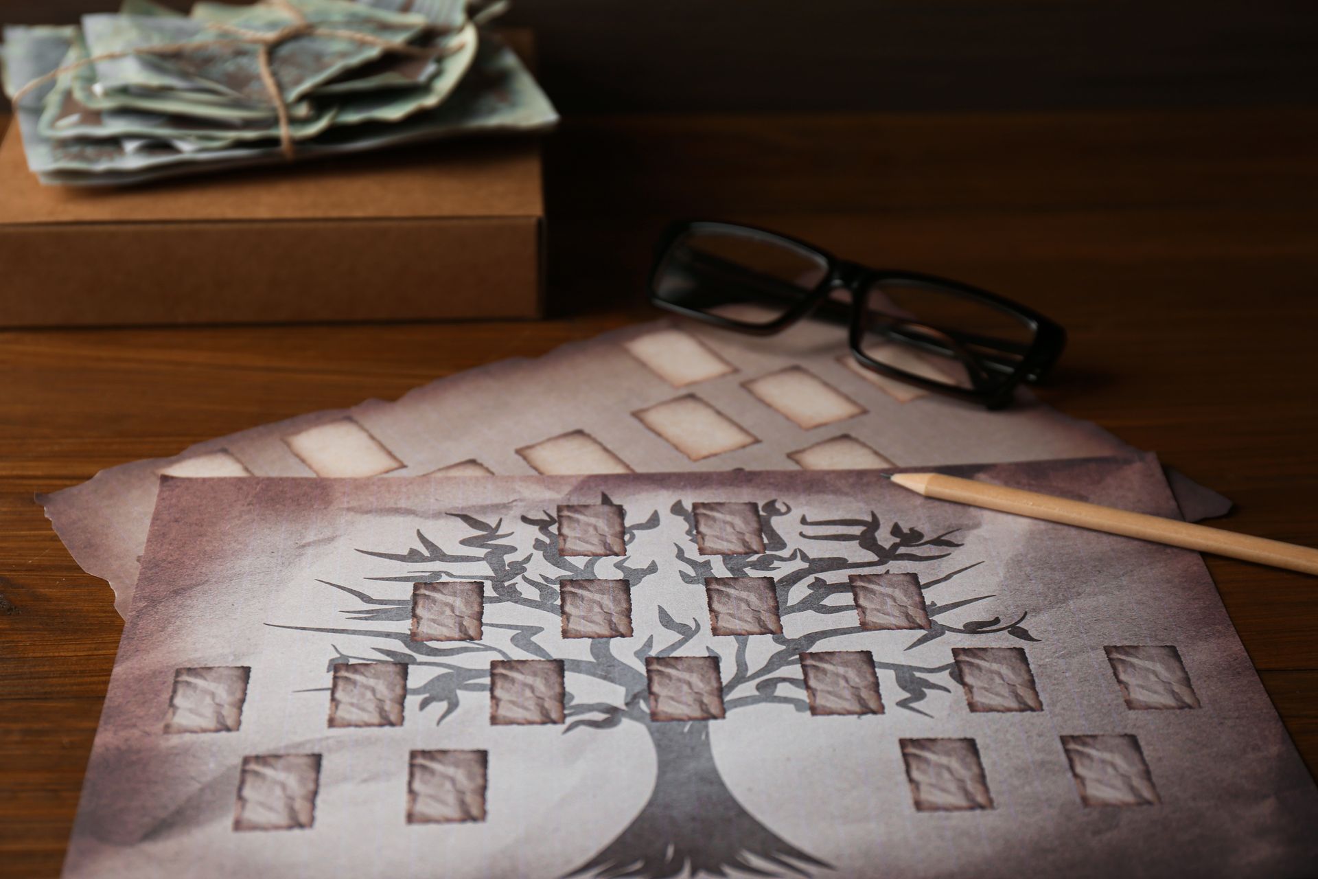 Faded tree drawing on paper with glasses, pencil, and stacked papers on a wooden desk