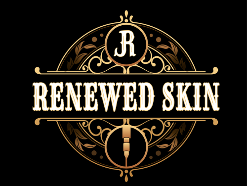 Logo for Renewed Skin, a tattoo parlor. Features stylized gold lettering and design on a black background.